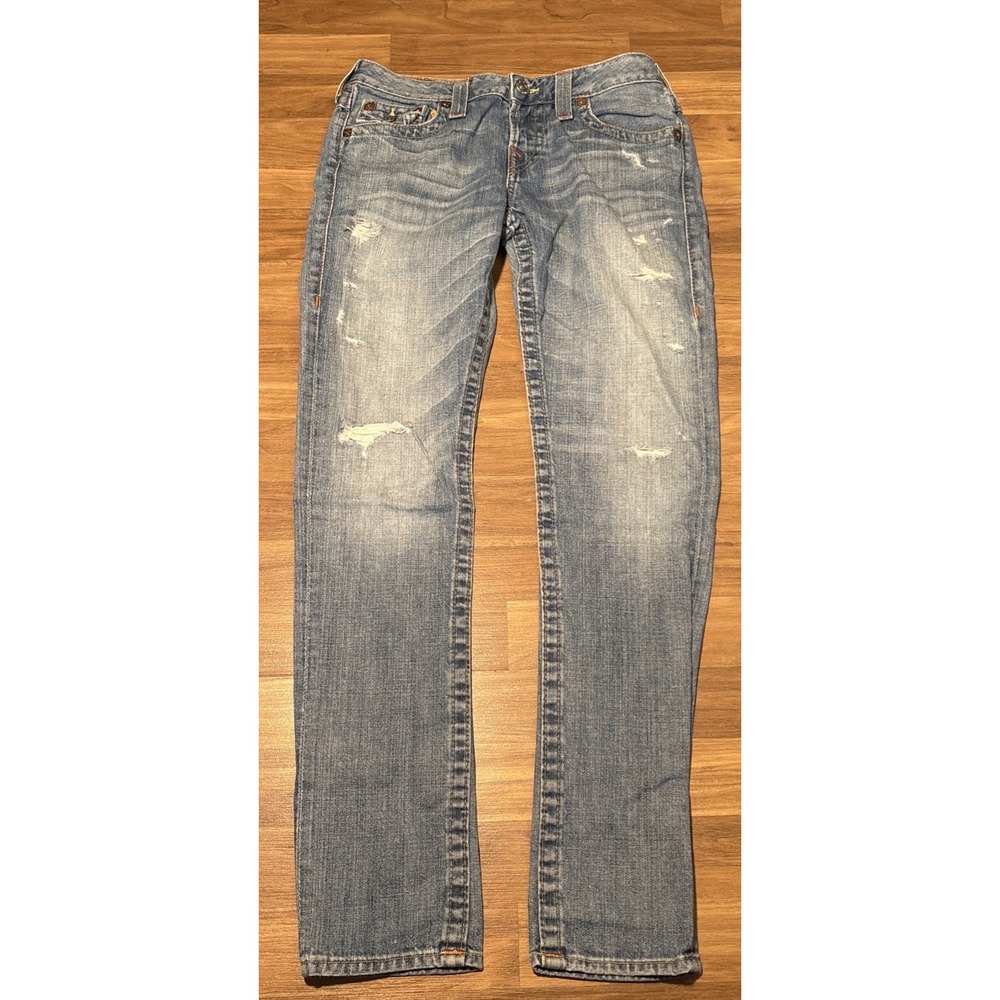True Religion Cameron Flared Jeans Blue Distressed 100% Cotton Size 28 WJAMA04M